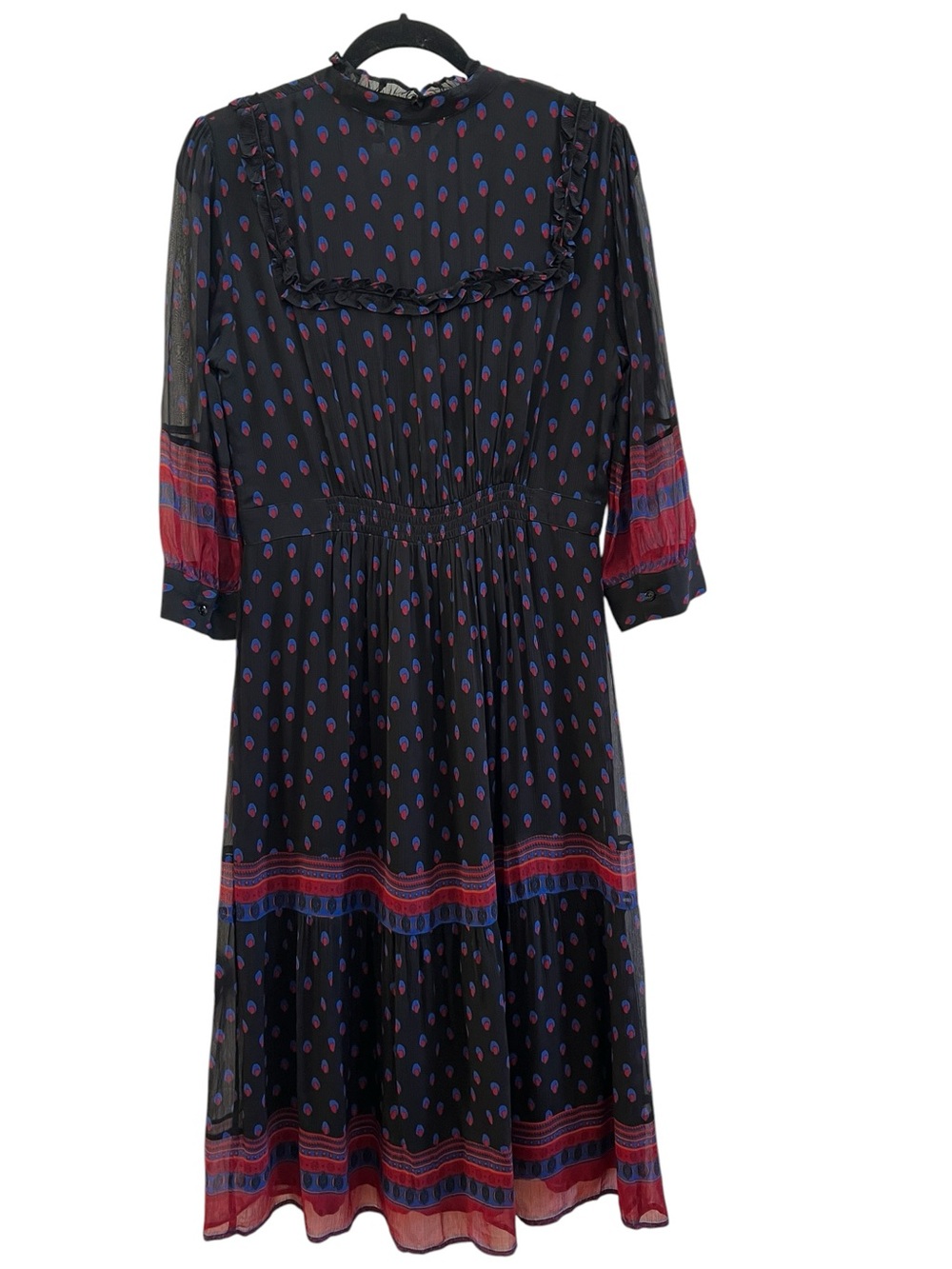 ba&sh Barie Noir Geometric Print Ruffle Midi Dress Size 3 US 10 Parisian Boho - Picture 3 of 7